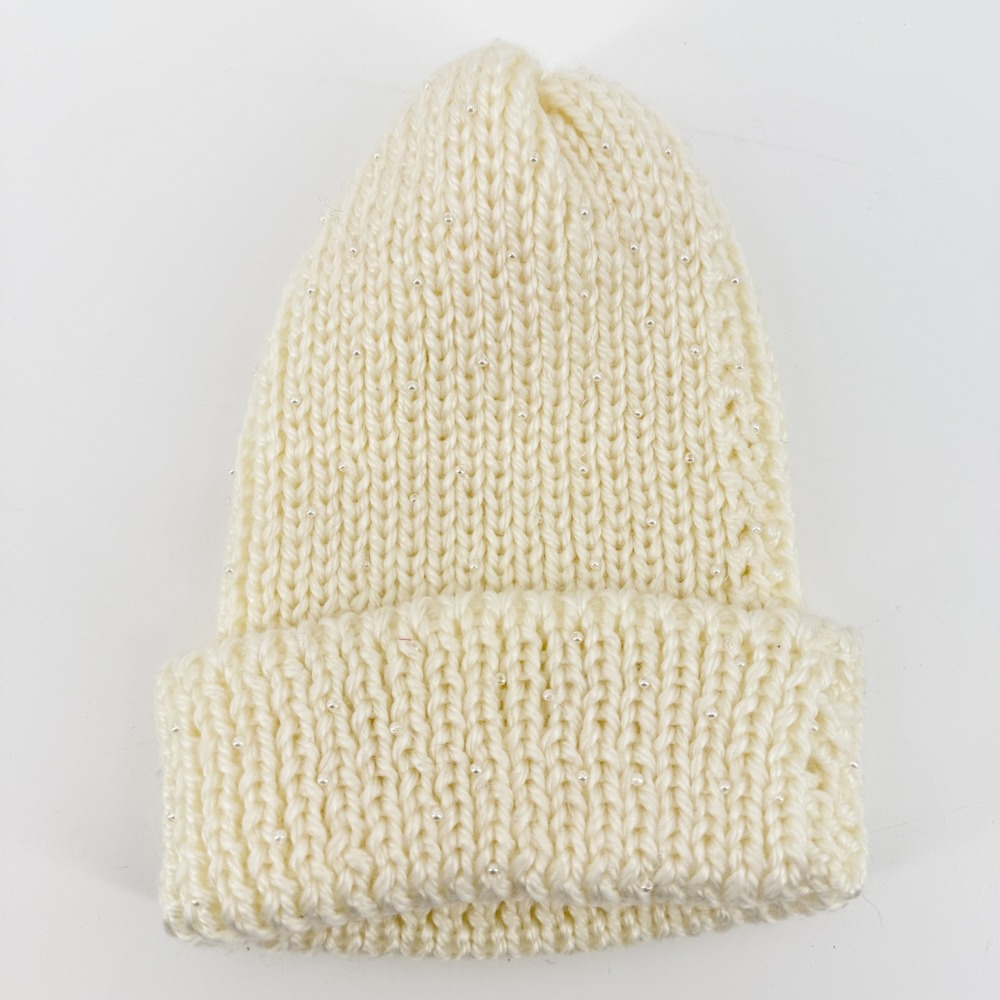 Cream Knit Beanie with Pearls Winter Warm Hat Womens Beanie One Size Preppy Cute - Picture 3 of 9